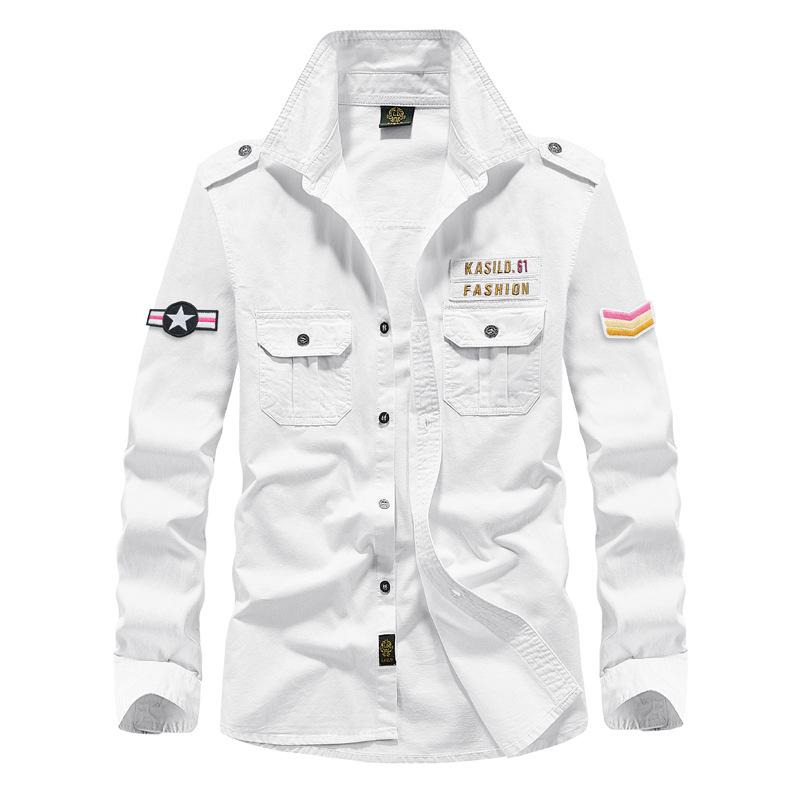 Camicia da lavoro da uomo in puro cotone a maniche lunghe, grande, verde militare
