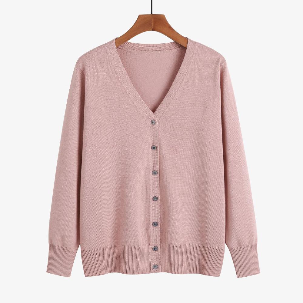 Women's Solid Lightweight Casual Knit Shirt V-neck Long Sleeve Slim Breathable Knit Cardigan Spring Fall Fashion Simple Loose Soft Plus Coat for Lady