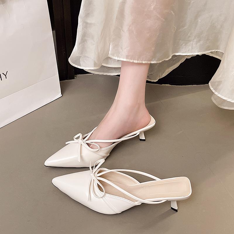 Fashion New Popular Pointed Bow High-heeled Half Slippers Women's Summer Baotou Shallow Mouth Sexy Thin-heeled Sandals and Slippers