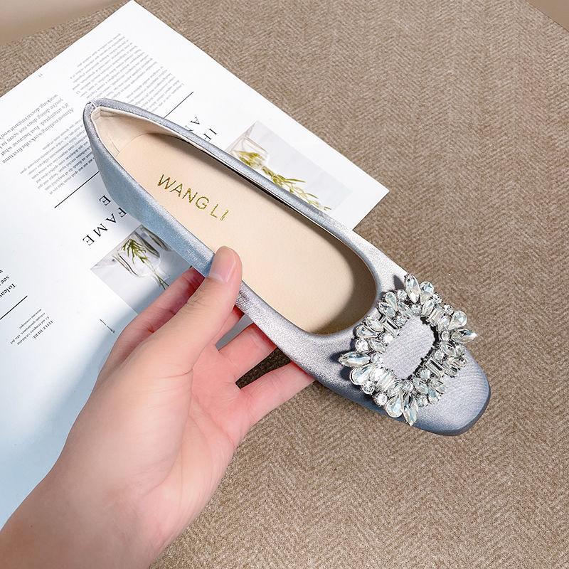 Fashion Square Rhinestones Buckle Flats Ballet Shoes for Women Slip on Shallow Mouth Moccasins Elegant Women's Wedding Shoes Loafers