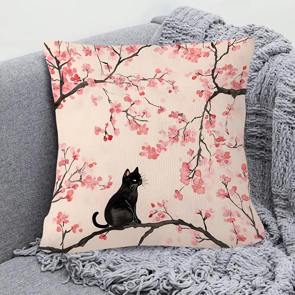 Cherry Blossom Black Cat Pillow Cover Watercolor Print Cushion Case Oriental Sakura Home Decor Gift