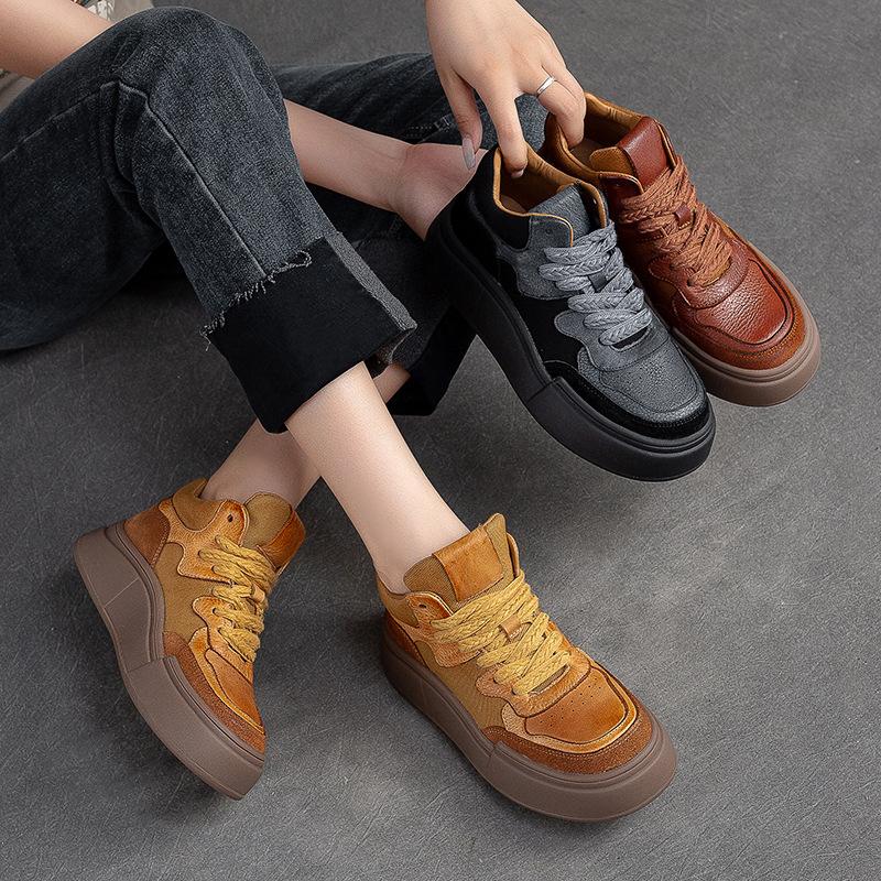Spring Autumn Leather Thick Soled High Top Casual Shoes Women's Cowhide Retro Versatile Board Shoes Design Short Boots