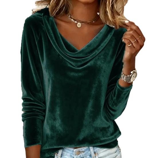Women Tops Swing Collar Long Sleeve Velvety Fabric Solid Color Pullover Tops Golden Velvet Casual Blouse Office Date