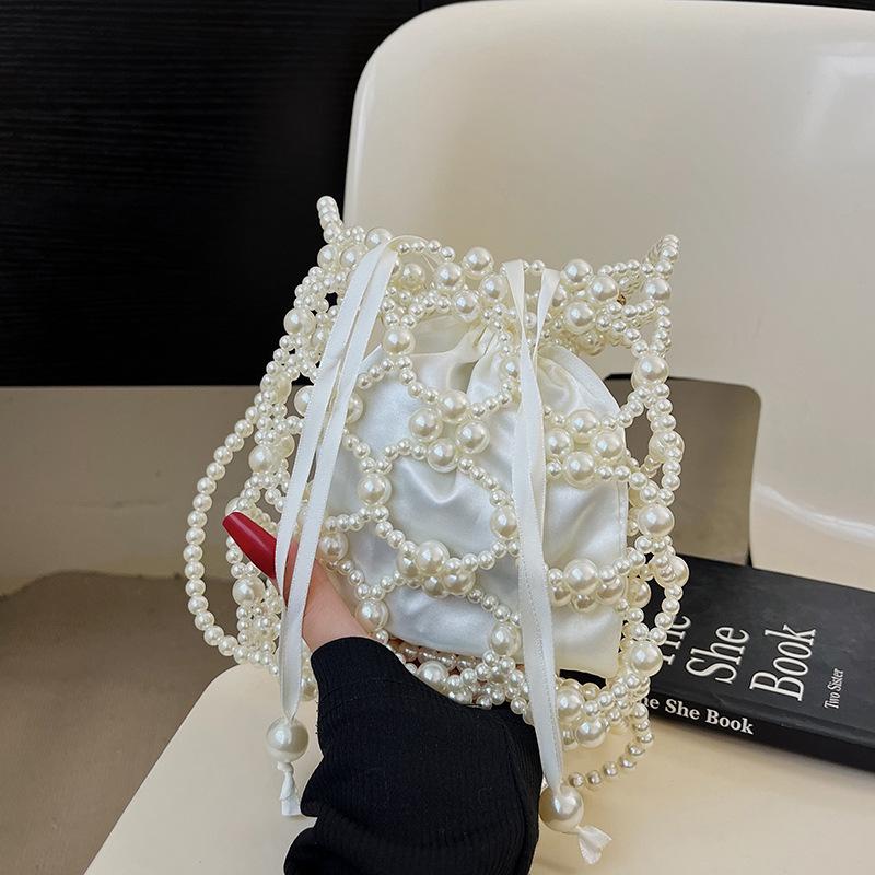 White Beading Bucket Shoulder and Crossbody Bags Exquisite Sense of Luxury Fresh Party Handbags for Women Fashion