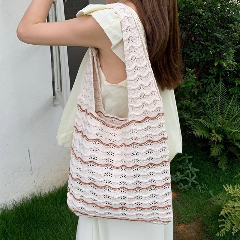 Knitted Large Capacity Stripe Pattern Crochet Tote Bag Beach Vacation Women's Hollow Shopping Shoulder Bags KTY