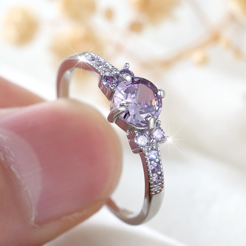 Bague de fiançailles en argent sterling 925 avec zircone cubique violette, accessoire de mariage, cadeau d'anniversaire pour femme, bijoux à breloques