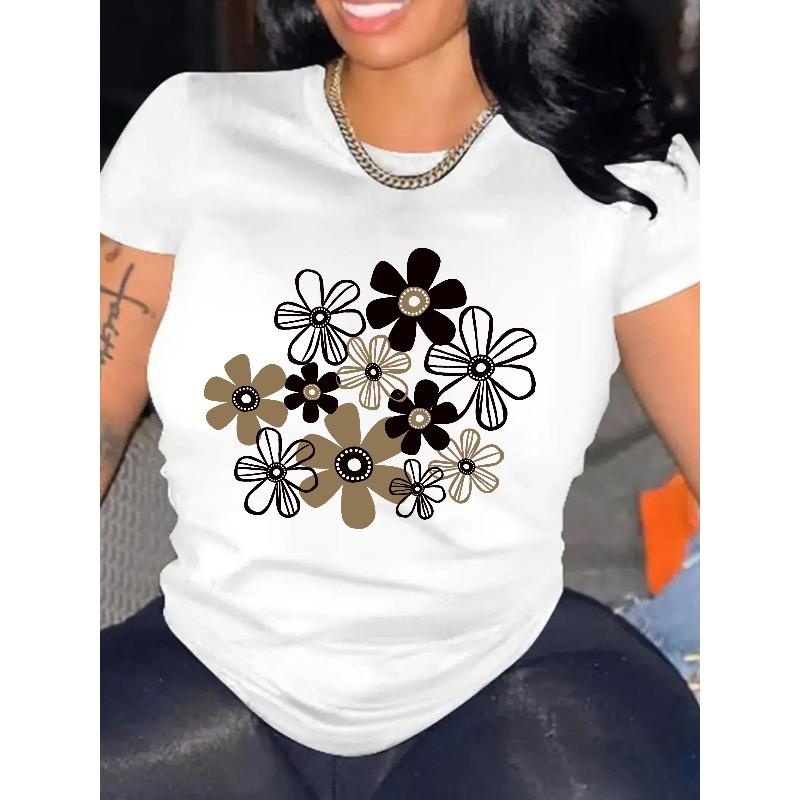 Women's Plus Size Round Neck Short Sleeve T-Shirt Flower Group Print Stylish Modern Slim Look Casual Top