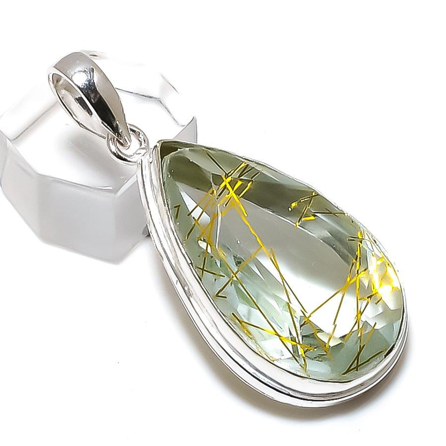 Natürlicher Goldener Rutil Edelstein Handgefertigt 925 Sterling Silber Anhänger 1.97" l2S75