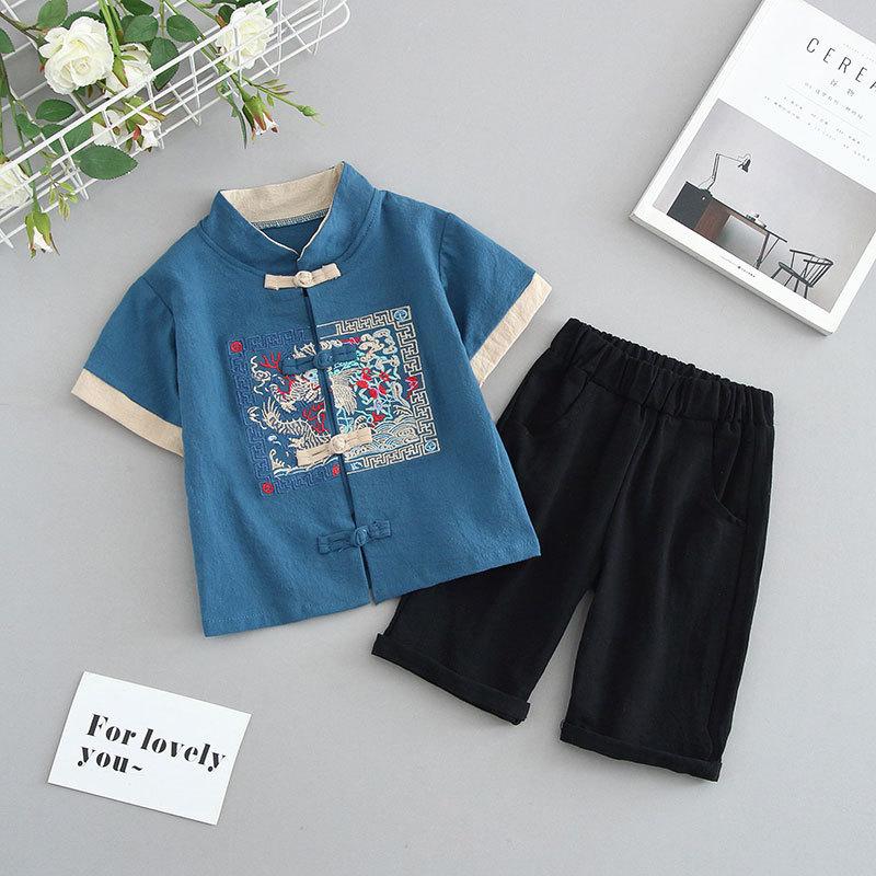 Boys Summer Hanfu Two-piece Suit Chinese Style Short-sleeved Thin Ancient School Clothes Kids Anniversary Dress Breathable Performance Outfit