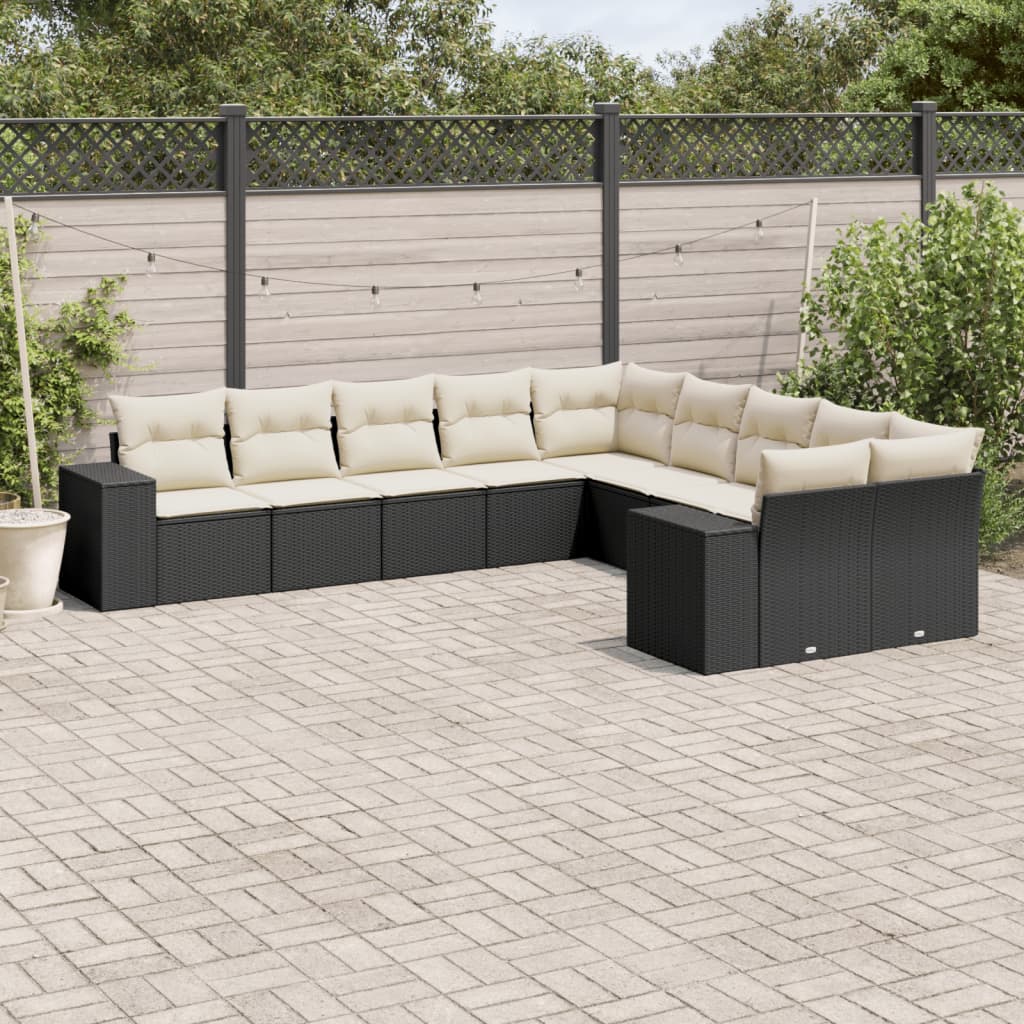 10 piece Garden Sofa Set with Cushions Black Poly Rattan