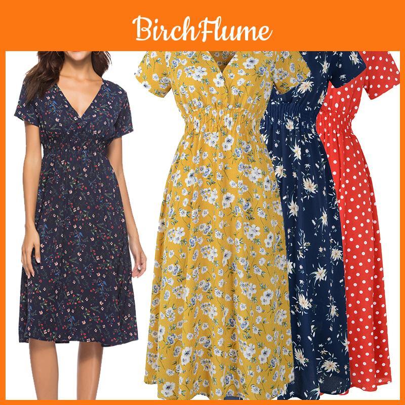 V Women Neck Boho Floral Midi Dress Short Sleeve Summer Beach Casual Sundress