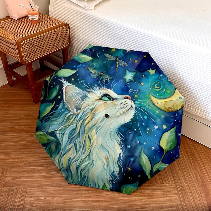 Plant Cat Pattern, Automatic Folding Umbrella, Portable and Foldable Design, 8 Ribs, a Christmas or Birthday Gift.