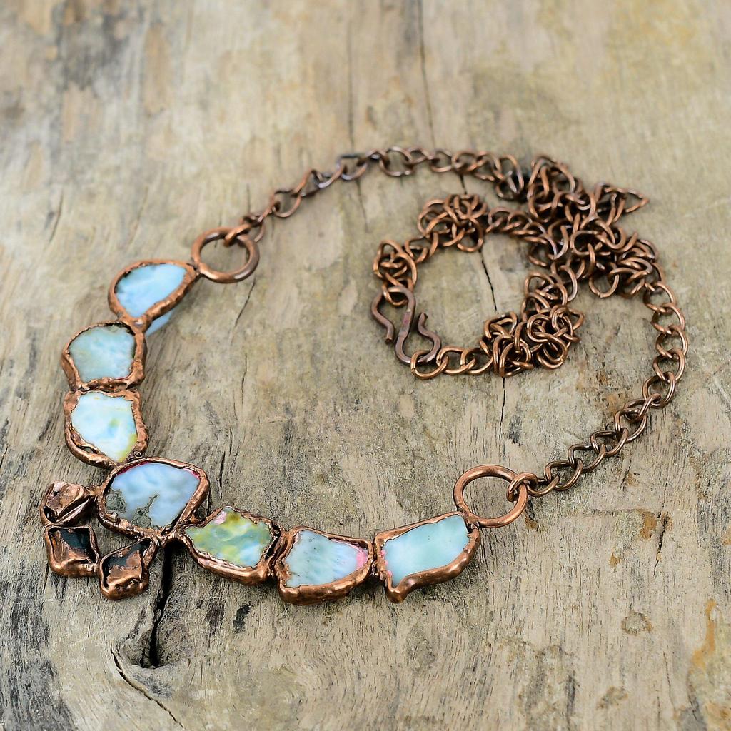 Larimar Rohkette Elektrogeformte Kupferkette Verstellbare Kette Handgemachter elektrogeformter Schmuck Hochwertige Edelsteinkette