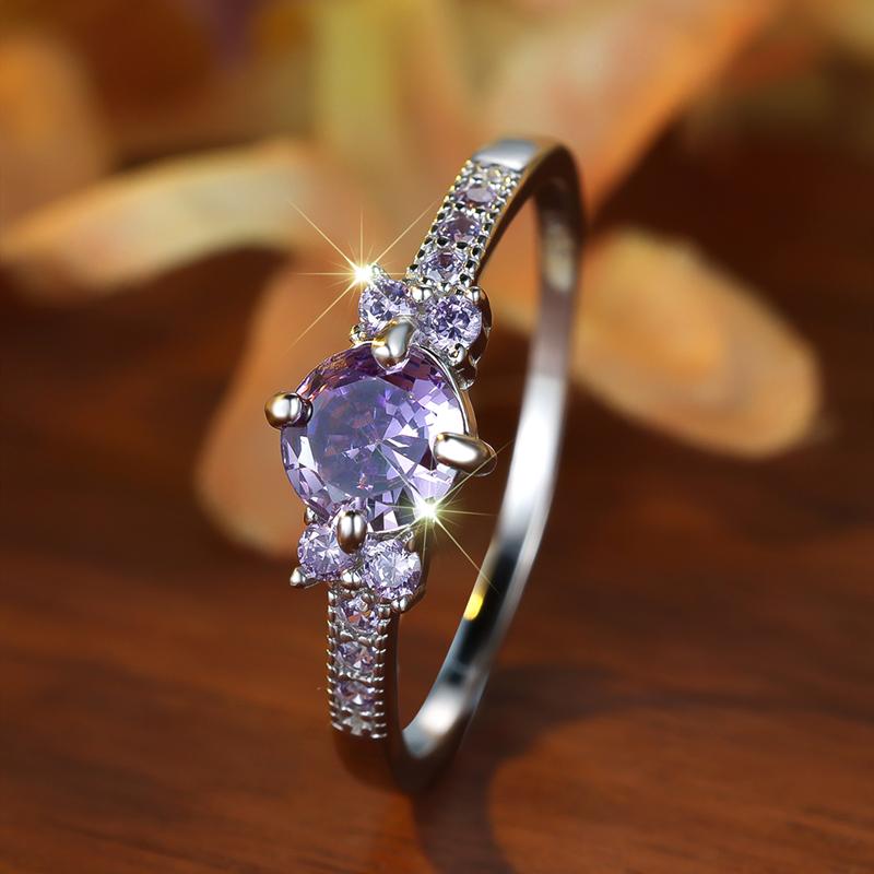 Bague de fiançailles en argent sterling 925 avec zircone cubique violette, accessoire de mariage, cadeau d'anniversaire pour femme, bijoux à breloques