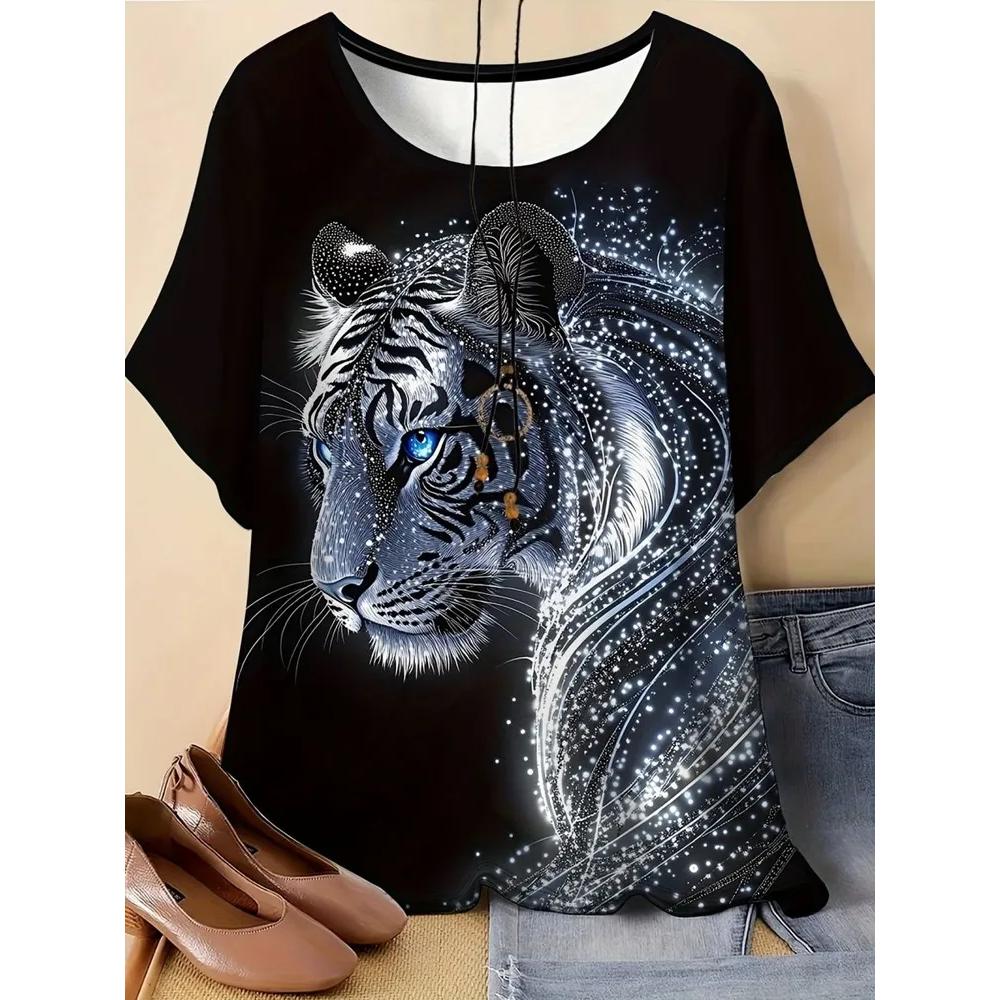 Fashion Crew Neck Women's Animal Print T-Shirt Short Sleeve Casual Loose Top Breathable T-Shirts Women’s