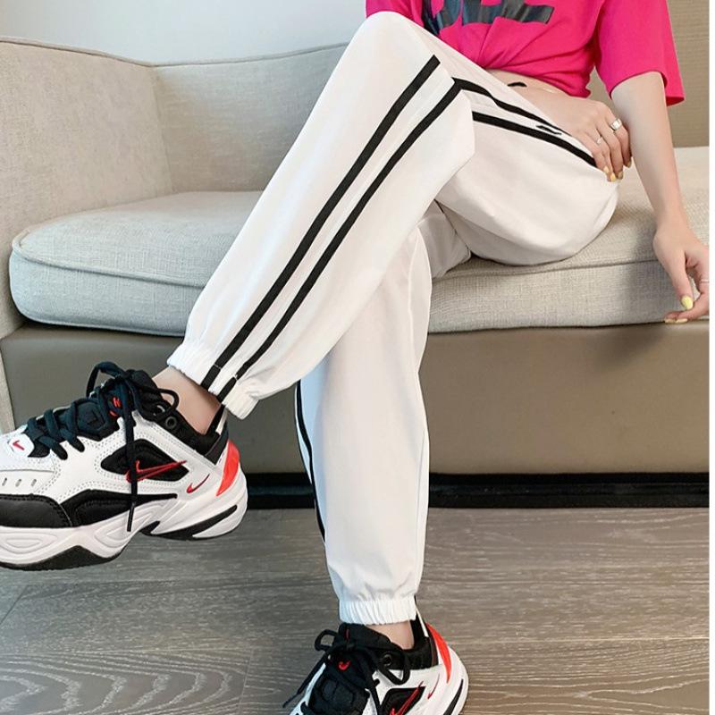Women's Ice Silk Nine-Point Sports Pants: Summer Thin, Striped, Loose, Cuffed, Anti-Mosquito, Cool, Trendy Casual Wear