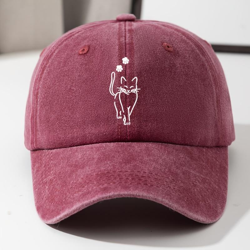 Niedliche Baseballkappe mit Katzenaufdruck, Retro-gewaschene Denim-Kappe mit gebogenem Schirm, verstellbare Outdoor-Reisekappe