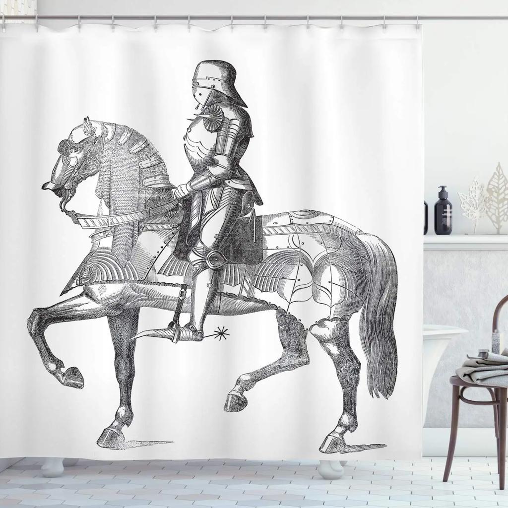 Mittelalterlicher Ritter Duschvorhang, Retro Rüstung Ritter mit Schild und Schwert Badezimmer Duschvorhang Set, Polyester Stoff, Haken