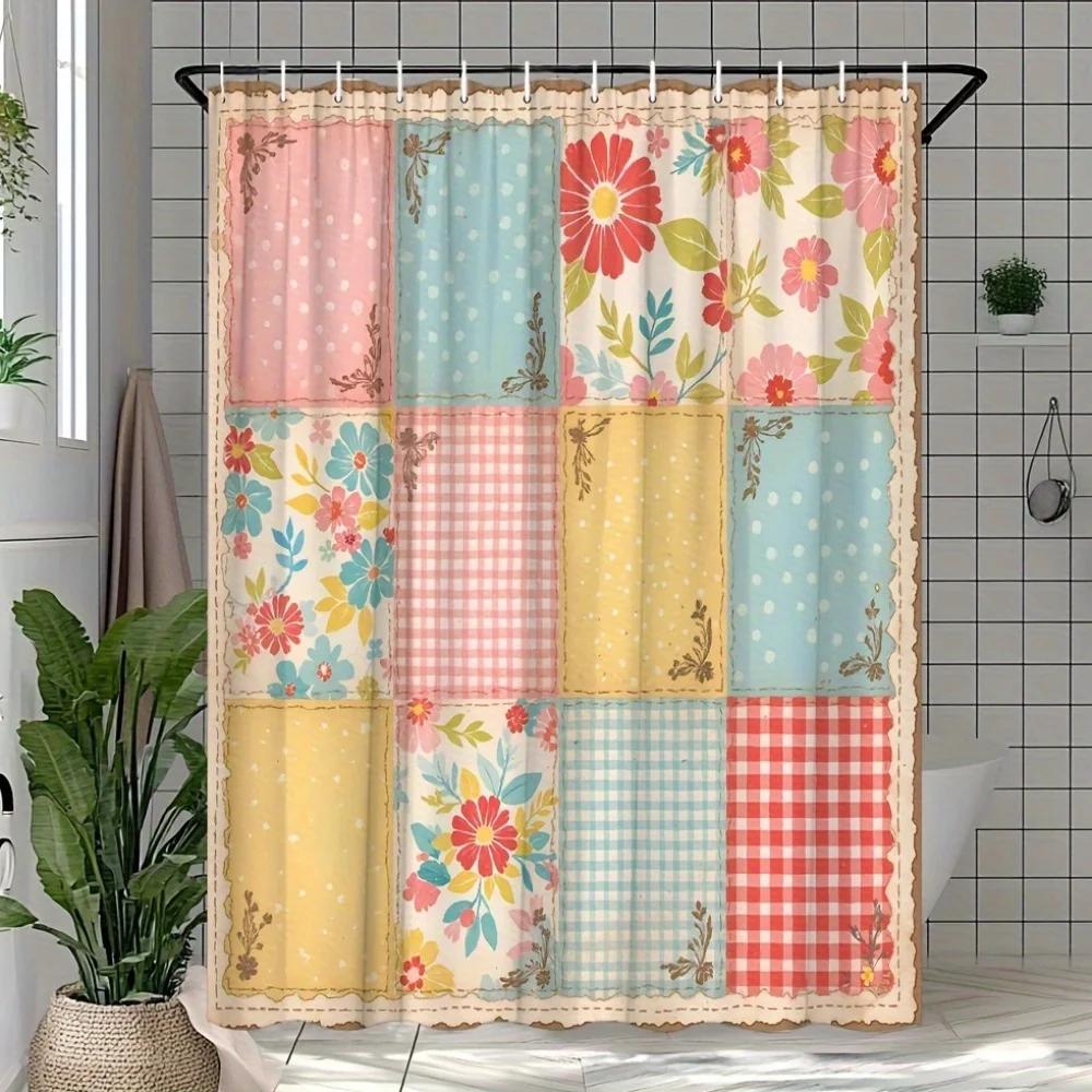 Vintage Floral Quilted Shower Curtain - Patchwork Plaid & Floral Design, Polyester Fabric, 12 Hooks, for Home & Hotel Decor