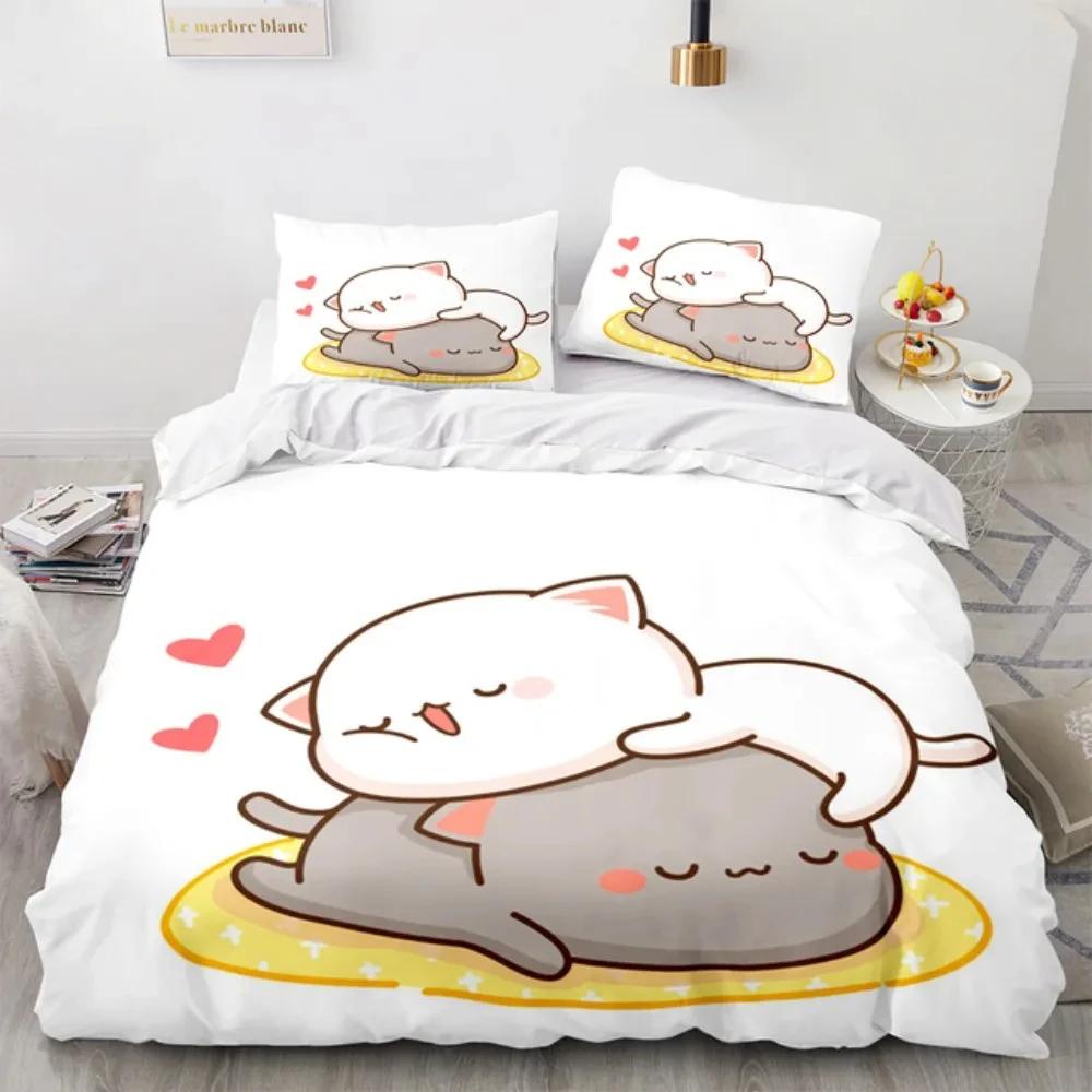 3D Cartoon Lovely Peach Cat Bedding Set Boys Girls Twin Queen Size Duvet Cover Pillowcase Bed Kids Adult Fashion Home Textiles