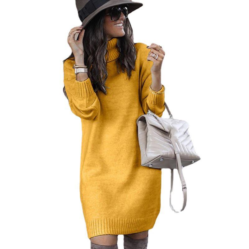White Pink Women Winter Loose Sweater Dress Knee Length Dress Long Sleeve Autumn Turtleneck Warm Knitted Casual