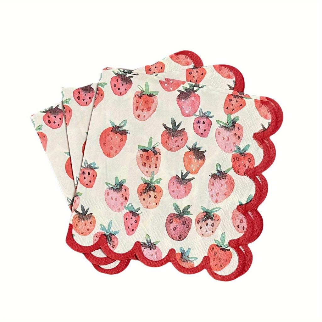 1Set/60pcs red strawberry print trimmed cocktail tissue, bar party paper, perfect for parties, birthdays and special occasions