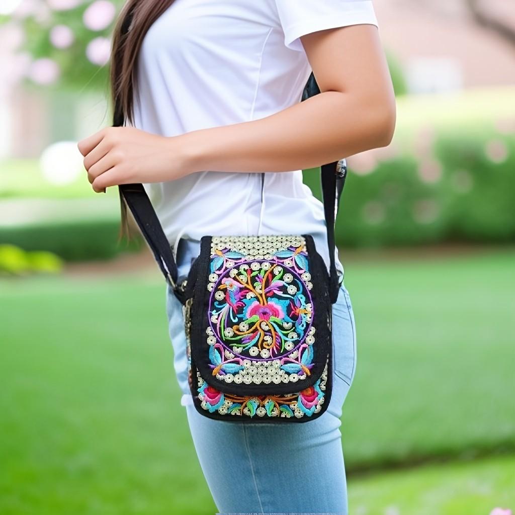 Vintage Chinese Style Embroidered Canvas Crossbody Bag With Multiple Pockets For Daily Use