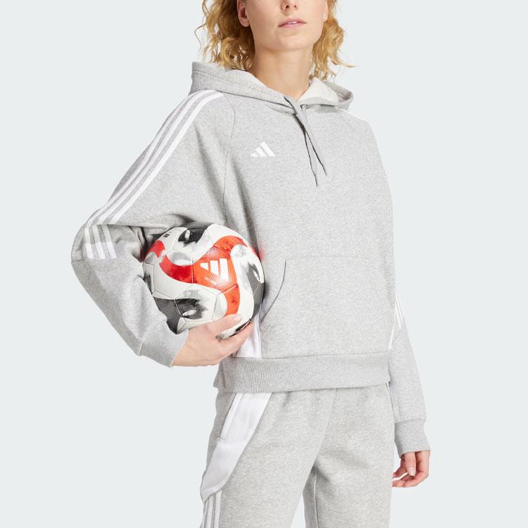 Adidas Tiro 24 Sweat Hoodie With Three Stripes And Fleece Long Sleeve Women Tops Grey IR7509
