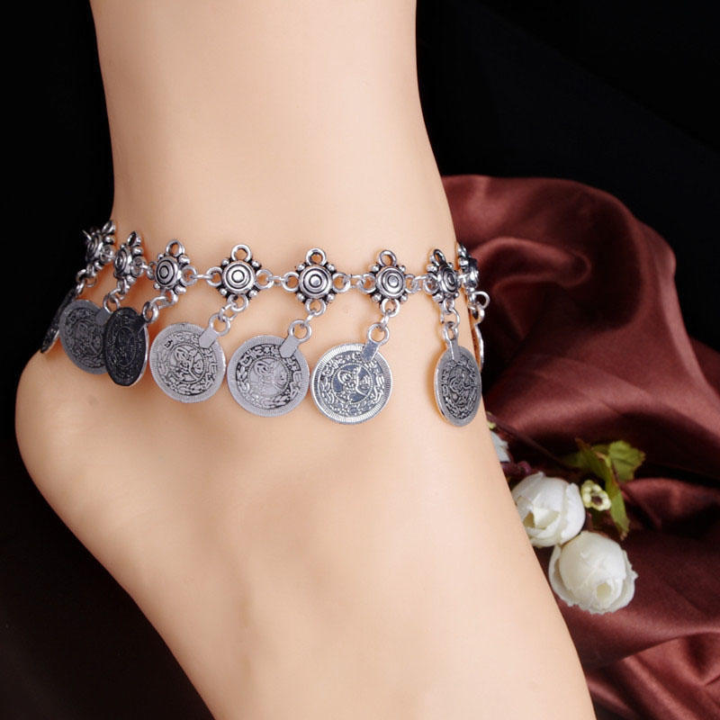 Antique Silver Boho Gypsy Coin Anklet Ankle Bracelet Foot Chain Women Jewelry