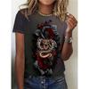 Rolig dam-t-shirt Ormgrafiskt tryck Sommar Rund hals Kortärmad Topp Utomhus Casual T-shirts Dam Oversized Kläder