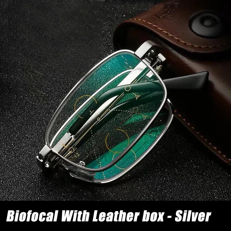 Folding Reading Glasses Portable Progressive Biofocal Anti Blue Ray Presbyopic Eyewear with Leather Case