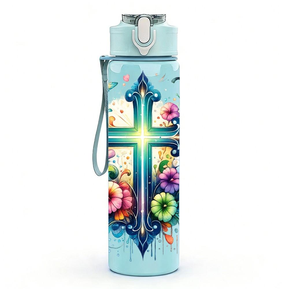 1PC Color Floral Christian Cross Print 750ml Color Plastic Sports Water Bottle Leakproof Flip Straw Lid Suitable for Sports Office Home Use