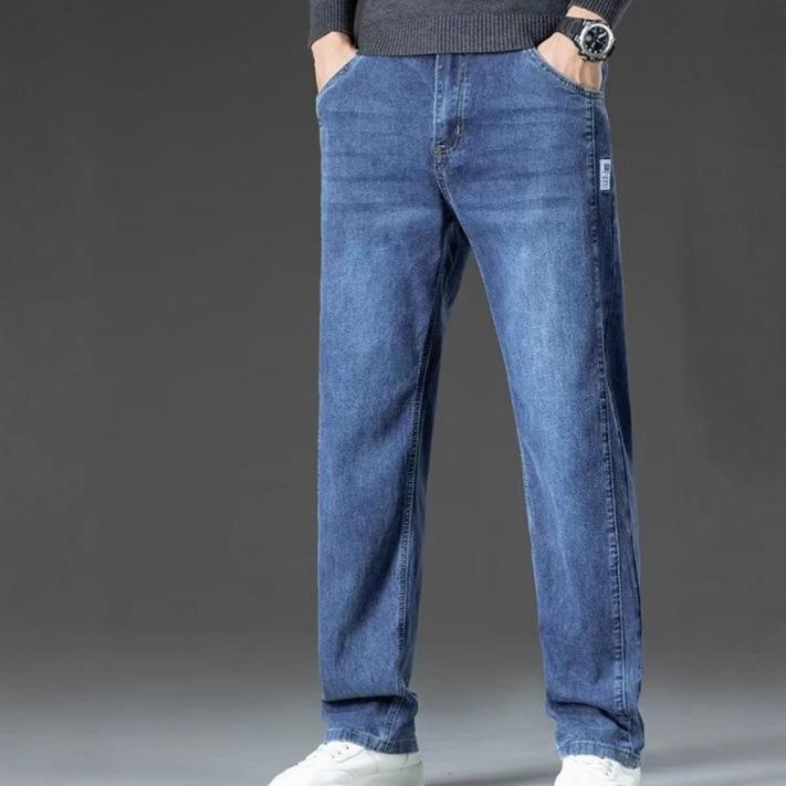 Vår och Höst Herrjeans Löst Raka Herrbyxor Business Casual Mode Mångsidiga Medelålders Bomull Stretch Långbyxor