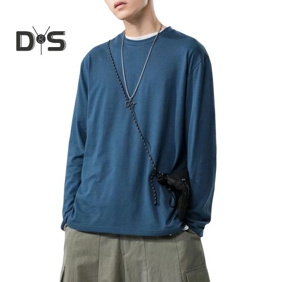 Chemise à col rond et manches longues pour homme, t-shirt doux et respirant, couleur unie, coupe ample, décontracté, printemps-été