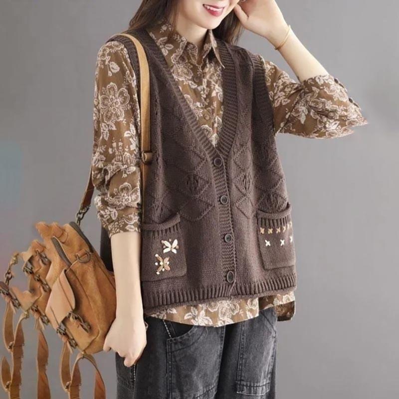 Weste Damen Weste Pullover Jacke Damen Herbst Art Retro Strickjacke Lose Jacke Top