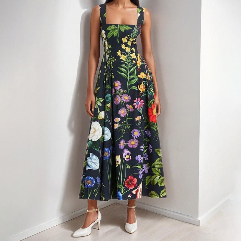 2026 Spring New European and American Women's Clothing Fashionable and Sexy Printed Backless Strap Pendulum Dress