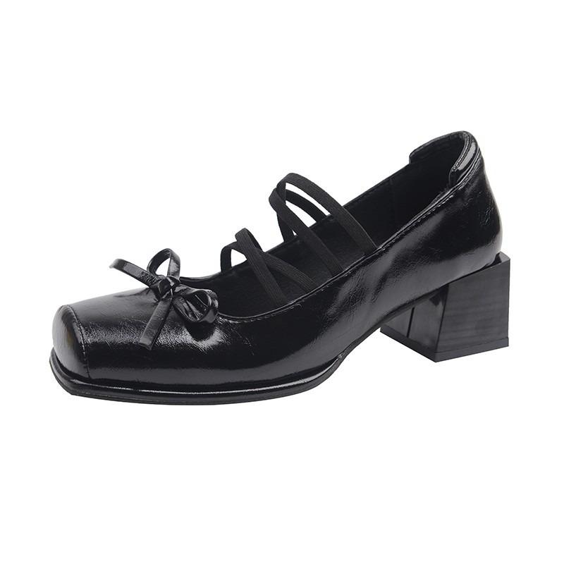 Retro Mary Jane shoes women's spring new thick heel square head bow small leather shoes with single shoes