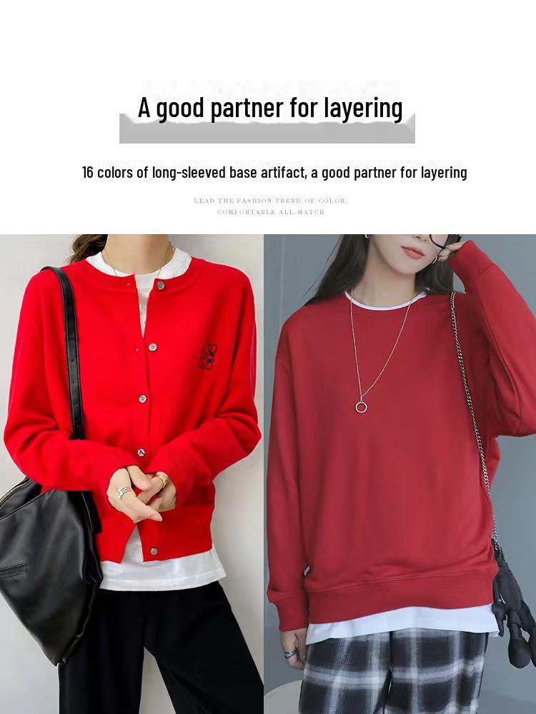 Damen-T-Shirt aus reiner weißer Baumwolle mit langen Ärmeln und Rundhalsausschnitt, lockerer Passform für Herbst und Winter