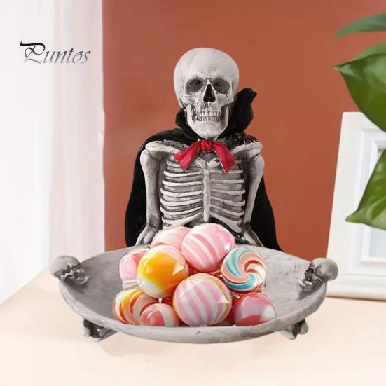 Dark Aesthetic Ornament Halloween Skeleton Decorative Tray, Gothic Storage Tray with Black Cape Red Figurine Bow, Multifunctional Desktop Organizer