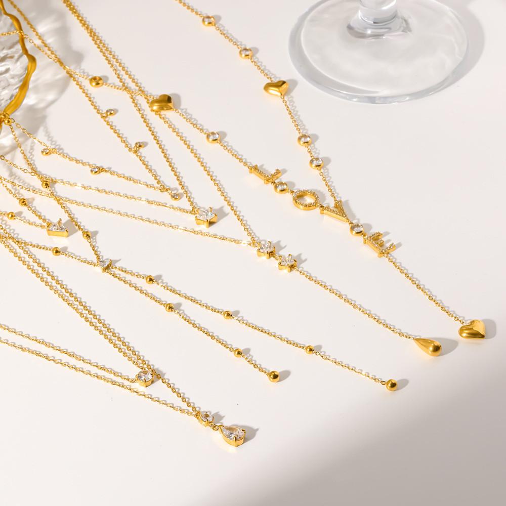 Geometric Water Drop Zircon Necklace With Gold Stainless Steel For Casual Womens Jewelry