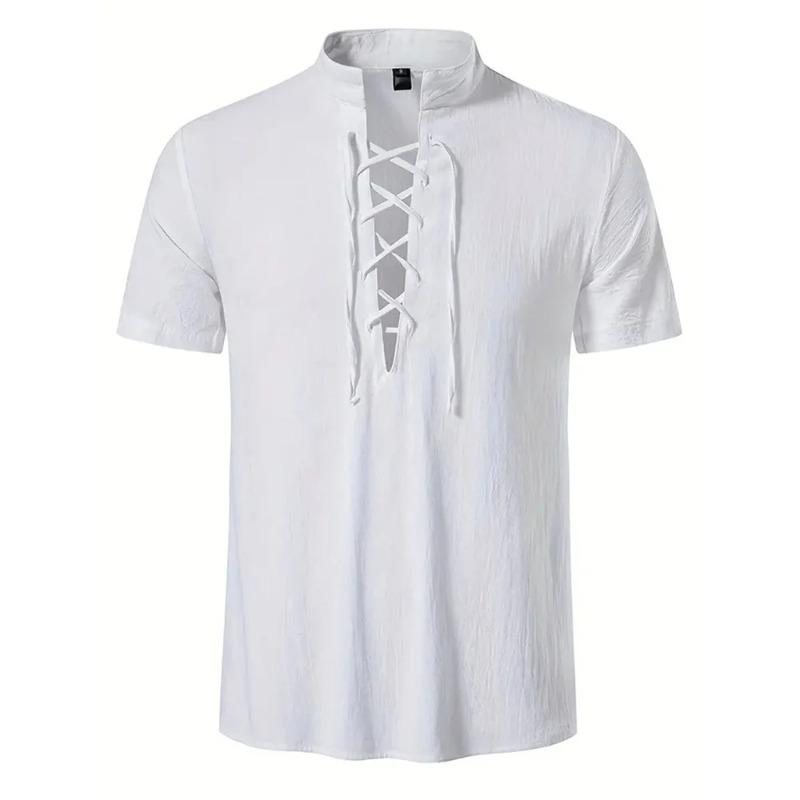 Men's Retro Shirt Short Sleeve Linen Lightweight Breathable Solid Color Fashion Pirate V Neck Stylish Shirs