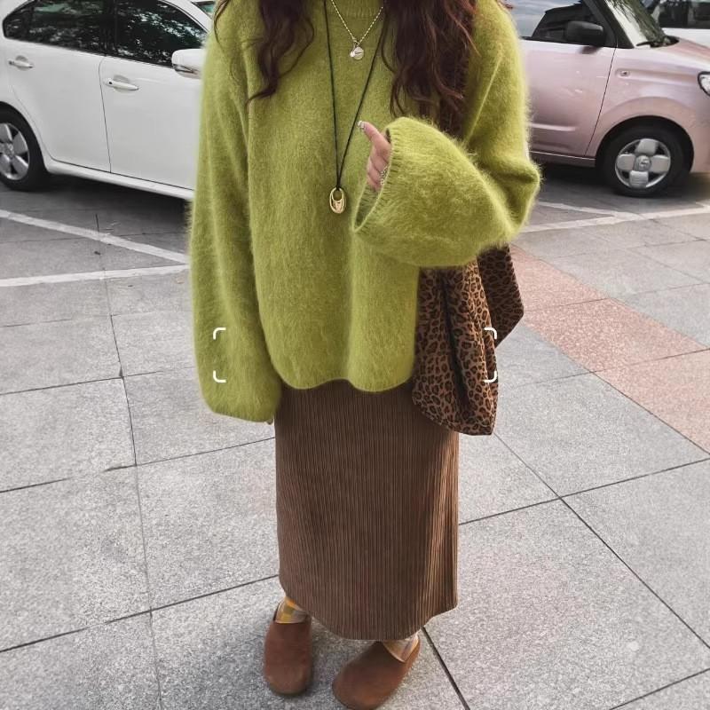 Soft Fuzzy Knit Pullover Sweater Women Loose Oversized Round Neck Long Sleeve Winter Casual Cozy Top