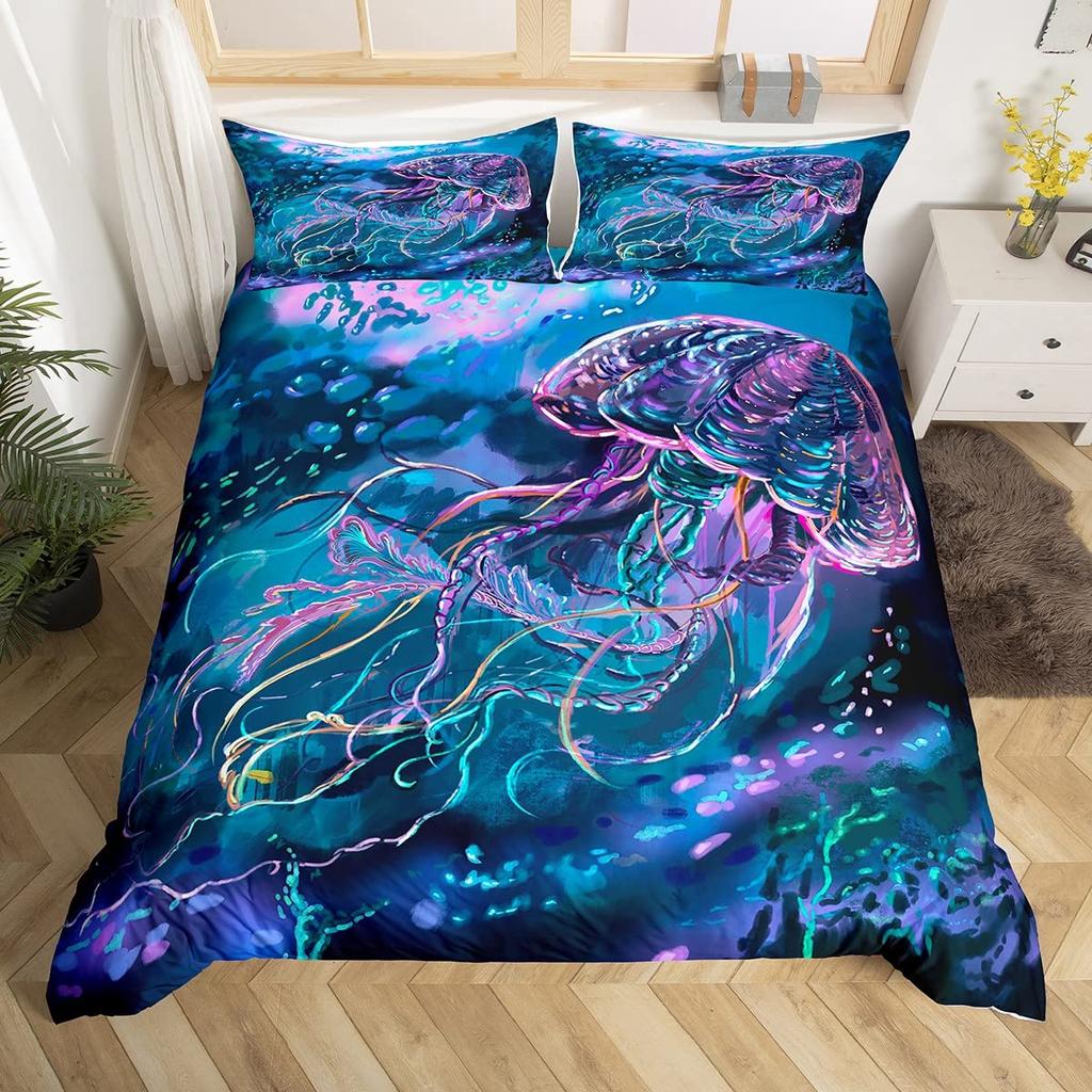 Türkis Bettdeckenbezug Set King Size Ozean Dekor, Quallen Bettbezug Bettwäscheset Ozean Schlafzimmerdekor Steppdeckenbezug 1 Kissenbezug