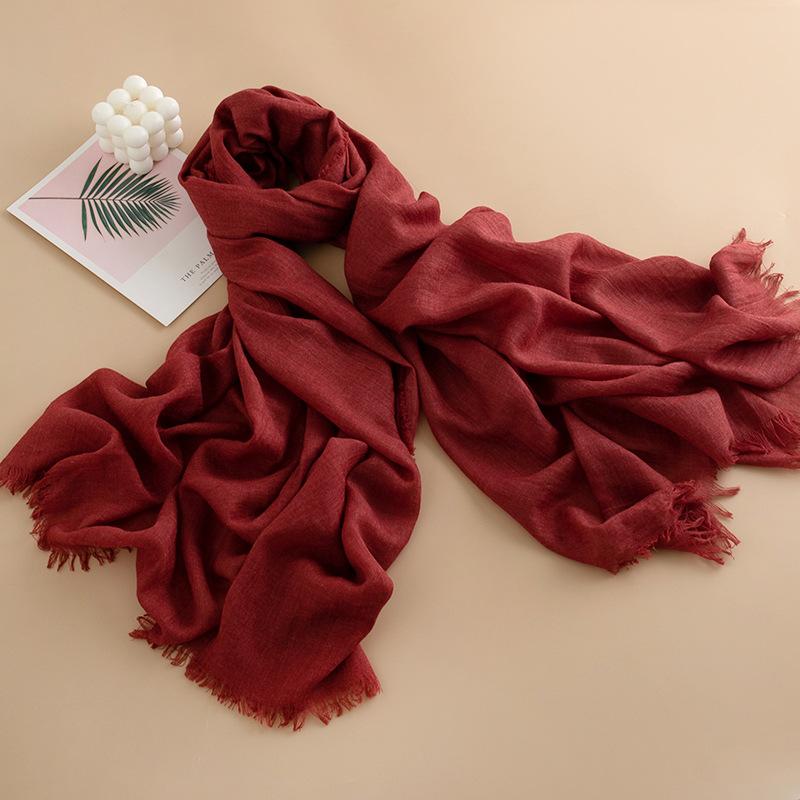 Pure Color Cotton-linen Scarf/cape, High-end Feel, Thin, Long, Versatile, Sun Protection, Casual, Simple Design with Slightly Frayed Edges.