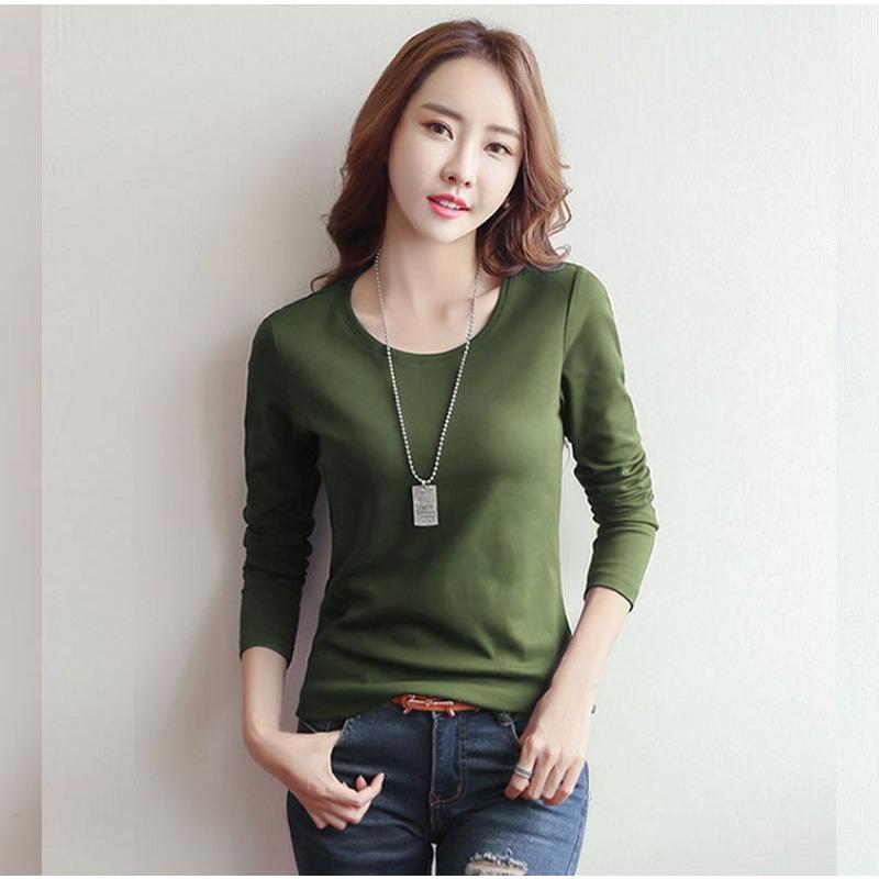 Dames T-shirt met ronde hals, effen kleur en lange mouwen
