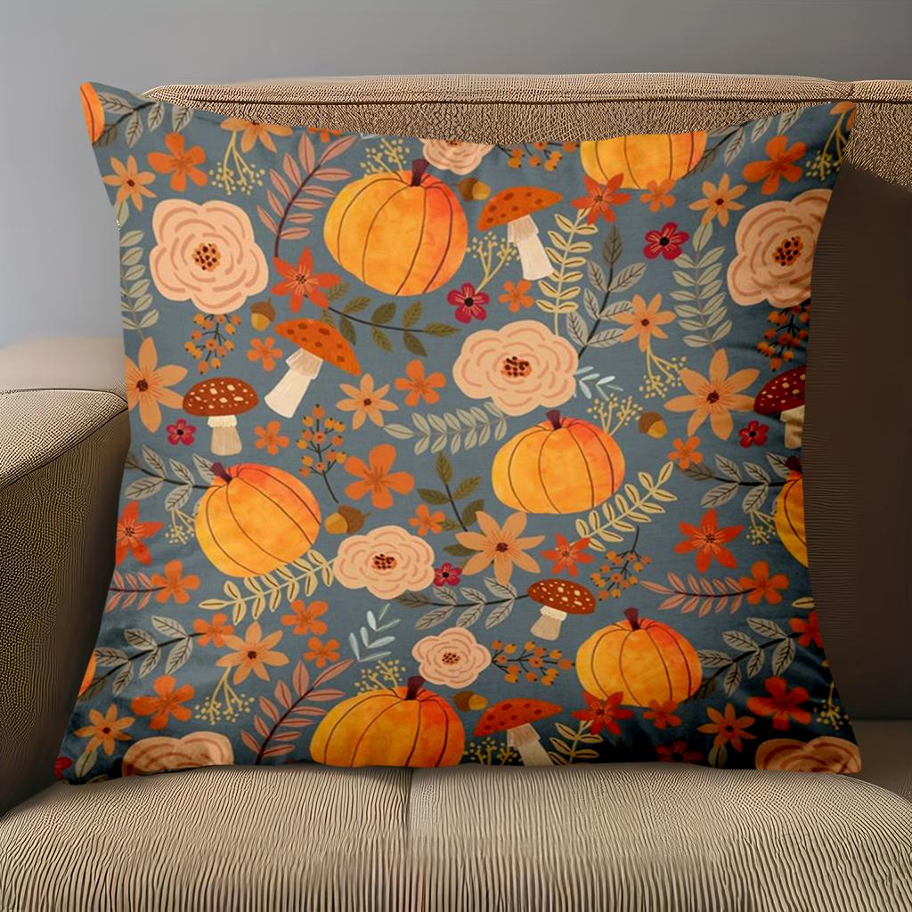 1 Pieces -2D Flat Printing Autumn Floral Pumpkins Pattern Decorative Cushions Polyester Pillowcase, Sofa Decorative Cushion Cov
