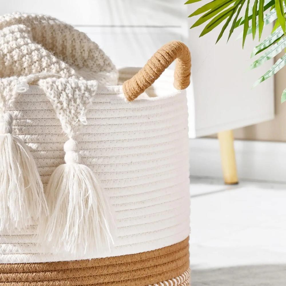 Large Blanket Basket,Woven Baskets for Storage Baby Laundry Hamper, Cotton Rope Blanket Basket for Living Room, Laundry