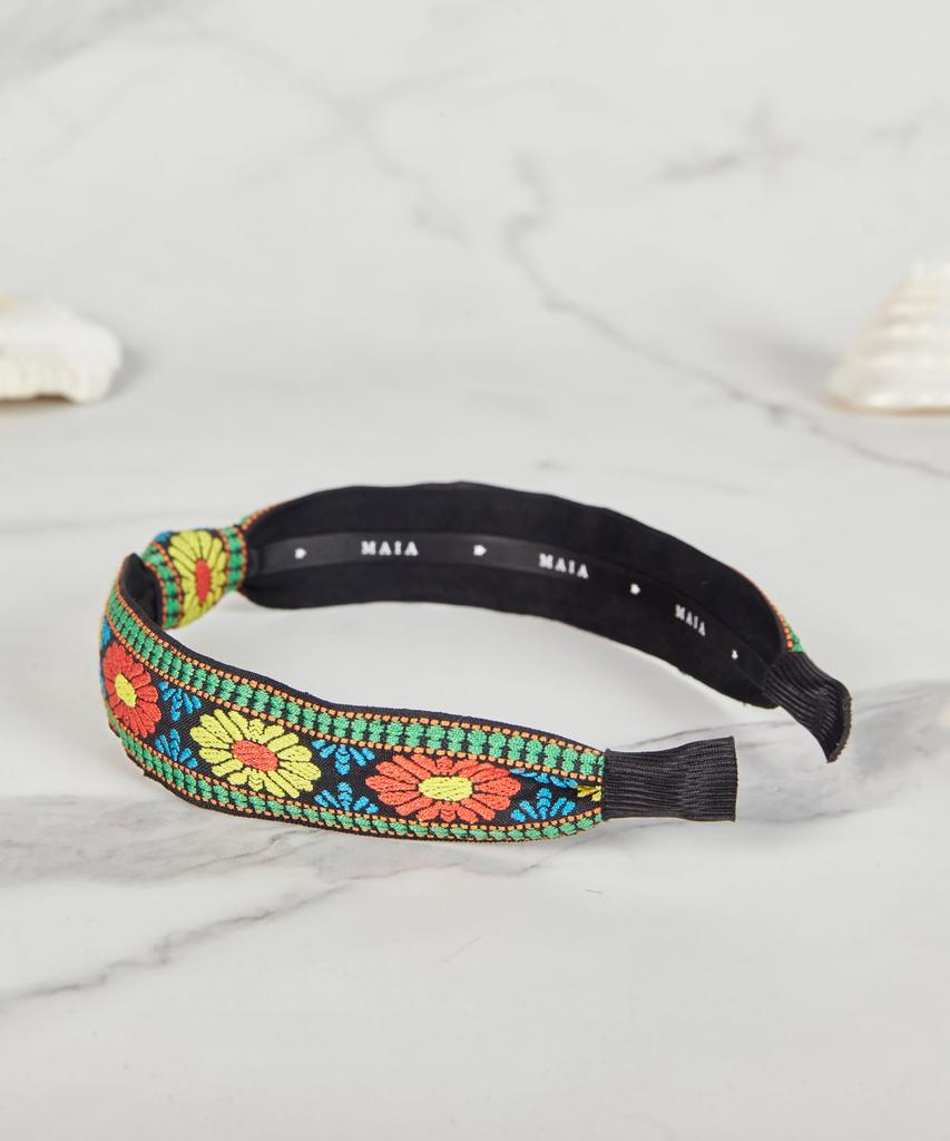 Maia Green Flower Jacquard Hairband - Knot Type Orange Green