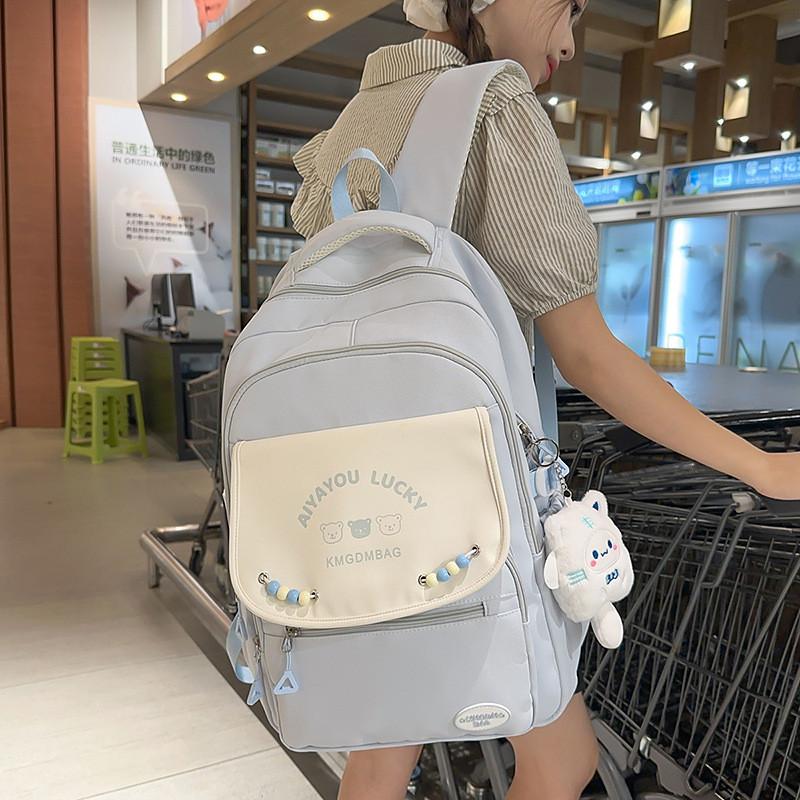 High School Girl Nylon Backpack With Letter Bear Print Bead Decoration For Daily Use