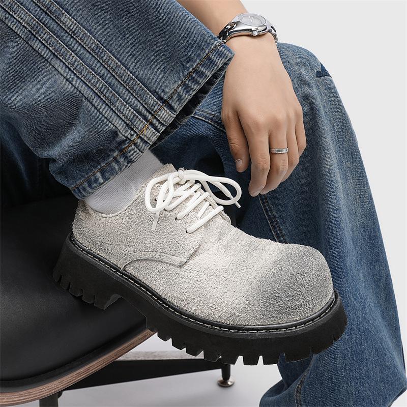 2025 Unisex Style Nubuck Suede Leather Round Toe Thick Bottom Platform Men Pumps Solid Color Lace Up Western Casual Derby Shoes